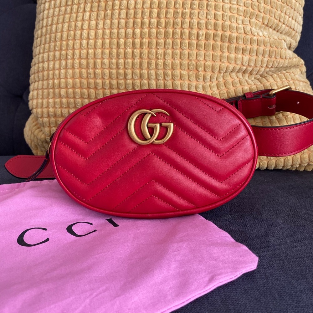 Gucci Clutch Belt Marmont Fanny Pack 85 Red Leather Cross Body Bag